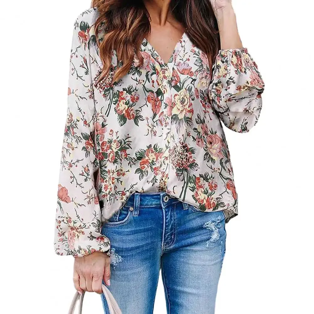 Women Spring Floral V Neck Long Sleeve Loose Soft Bohemian Blouse