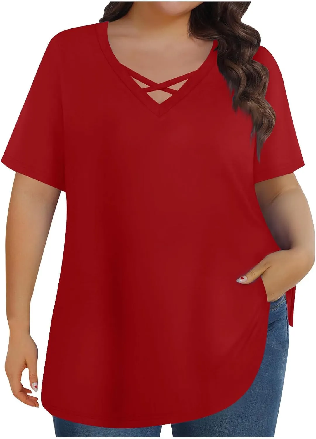 Women's Lace Up V Neck T Shirt Plus Size Short Sleeve Loose Fit Casual Summer Tops Solid Color Basic Tee Blouse