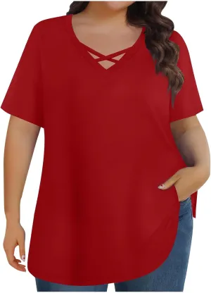 Women's Lace Up V Neck T Shirt Plus Size Short Sleeve Loose Fit Casual Summer Tops Solid Color Basic Tee Blouse