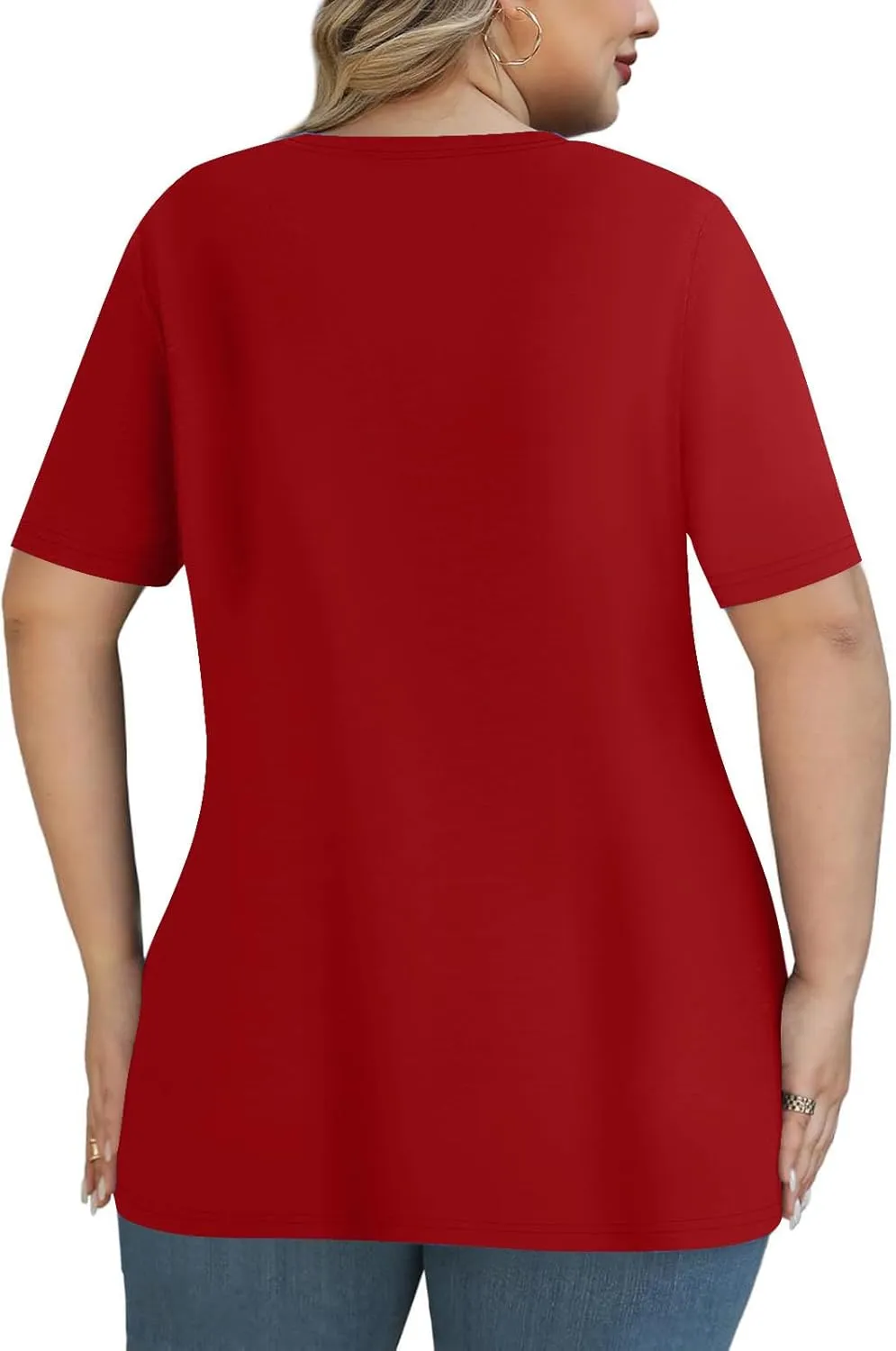 Women's Lace Up V Neck T Shirt Plus Size Short Sleeve Loose Fit Casual Summer Tops Solid Color Basic Tee Blouse