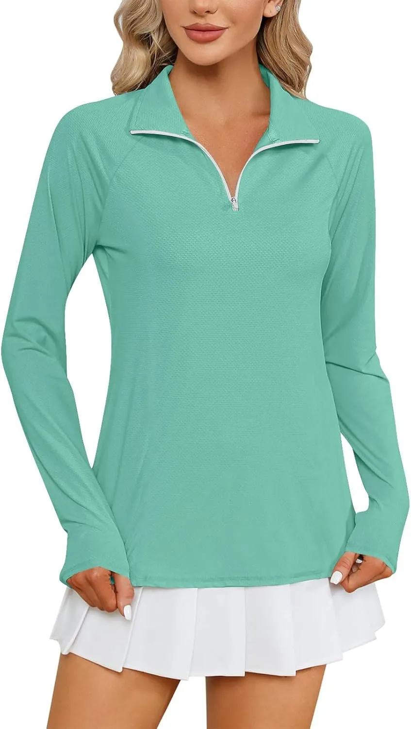 Women's UV Sun Protection 1/4 Zip Shirts Long Sleeve Rash Guard T-Shirt Lightweight Quick Dry Workout Running Tops